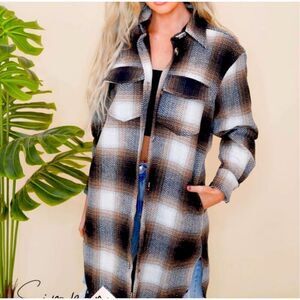 Sweet Lovely Women’s Wool Blend Brown Button Down Long Plaid Shacket Size L
